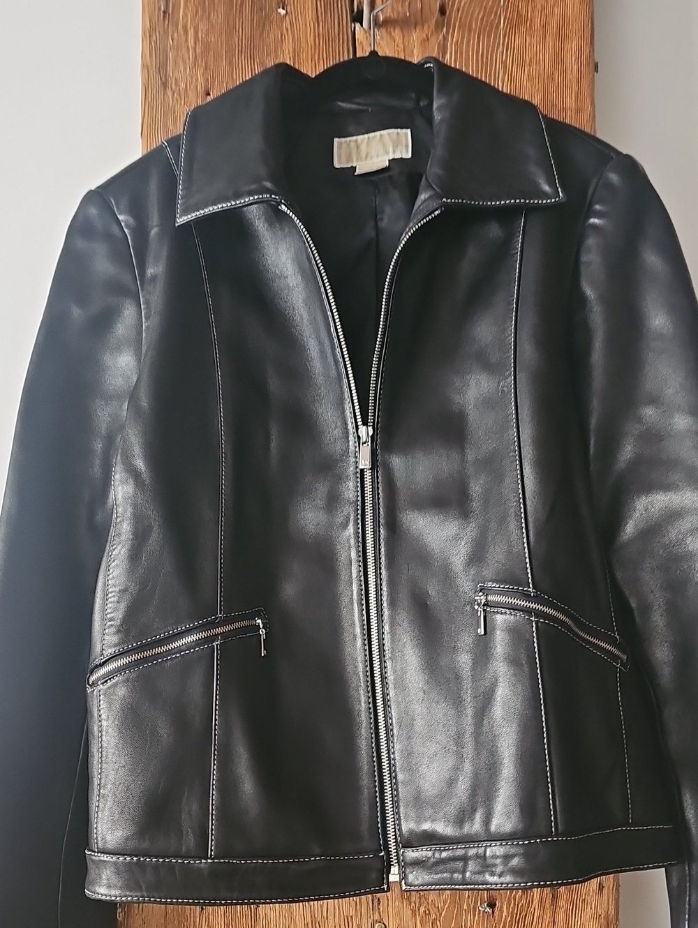 Vintage 90s Michael Kors Black Leather Zip Moto Jacket Contrast Stitching Sz XL